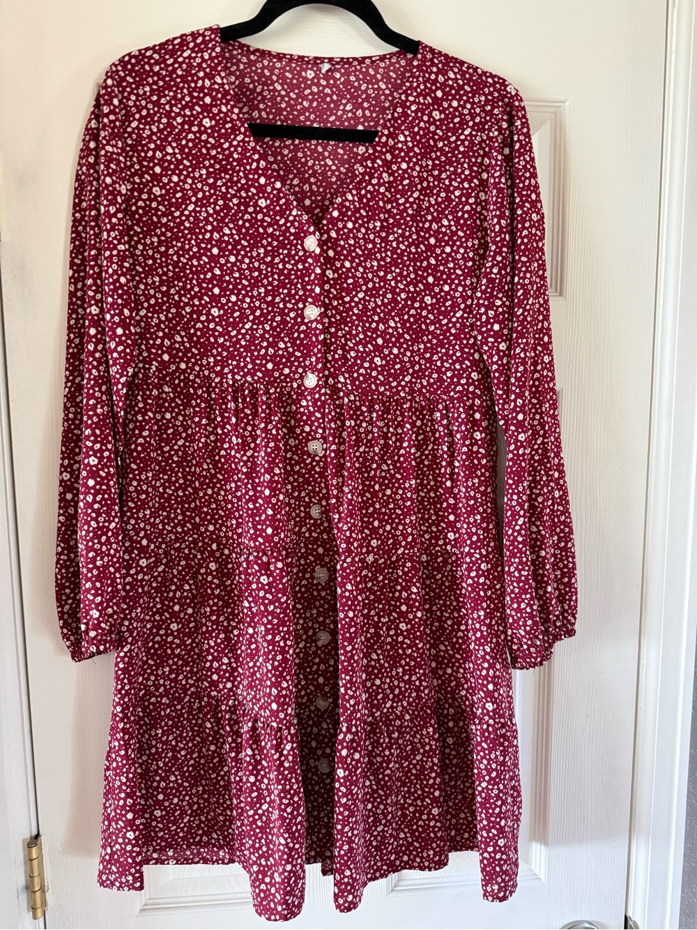 Bohemian-Style Burgundy Red Floral Button-Front Tiered Dress